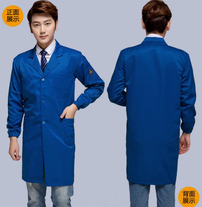藍色防靜電工服大褂(圖2) 藍色防靜電工作服前后展示圖片