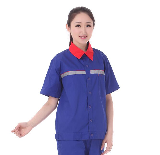 夏季半袖工作服 石油防靜電工作服(圖1) 藍色工作服正面
