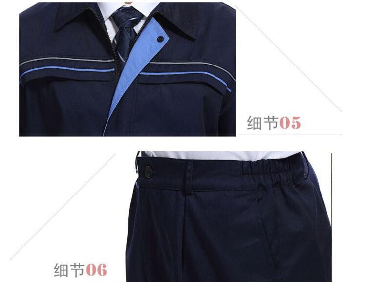 春秋滌棉長袖工作服定制款式(圖5) 前門襟,褲腰松緊設計